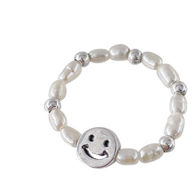 Sterling Silver Smiling Face Pearl Elastic Ring for Women