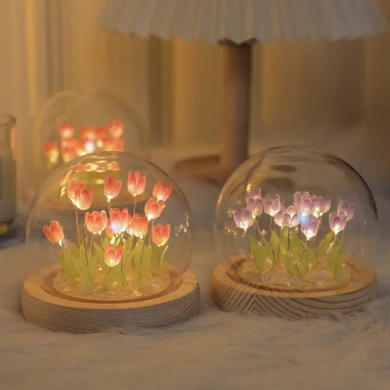 Tulip Flower Gift in Glass Dome with LED Light