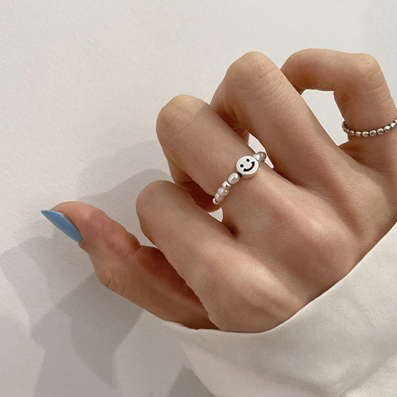Sterling Silver Smiling Face Pearl Elastic Ring for Women