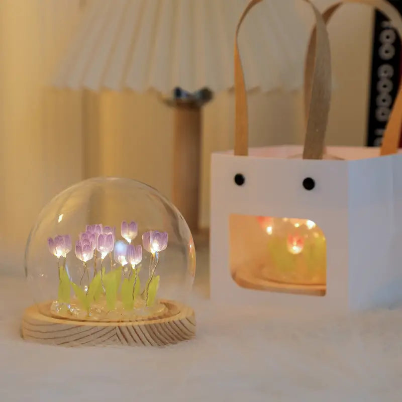Tulip Flower Gift in Glass Dome with LED Light