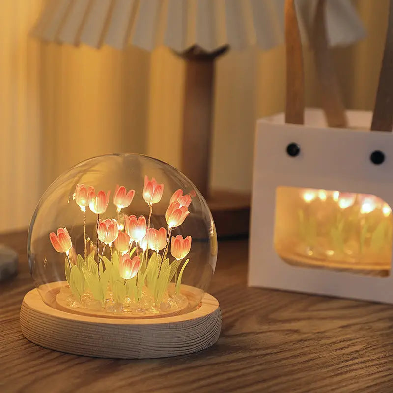 Tulip Flower Gift in Glass Dome with LED Light