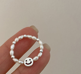 Sterling Silver Smiling Face Pearl Elastic Ring for Women