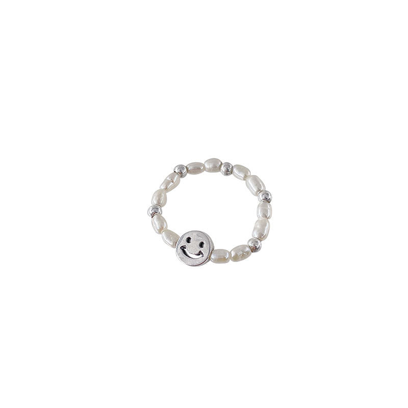 Sterling Silver Smiling Face Pearl Elastic Ring for Women
