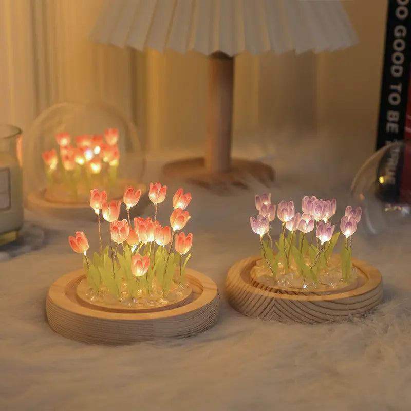 Tulip Flower Gift in Glass Dome with LED Light